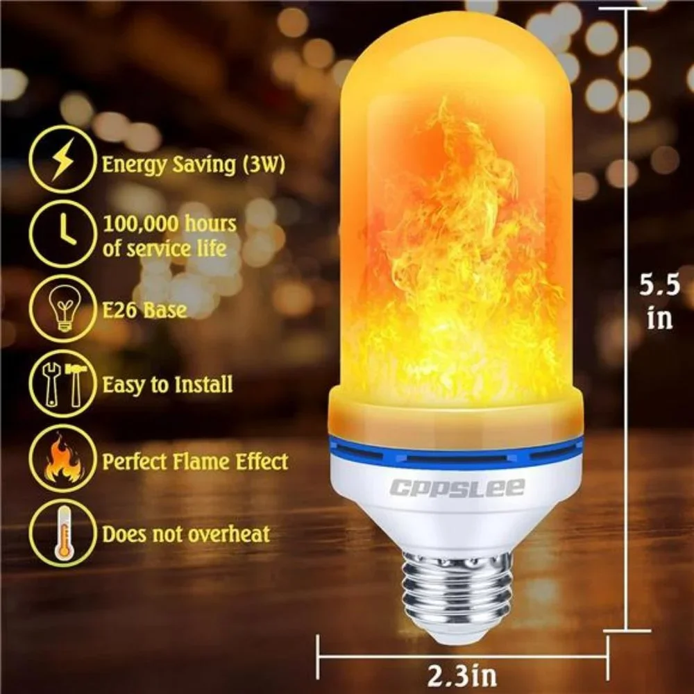 LED Flame Light Bulbs, 4 Modes Fire Light Bulbs, E26  Bulb, (Yellow, 2 Pack)
